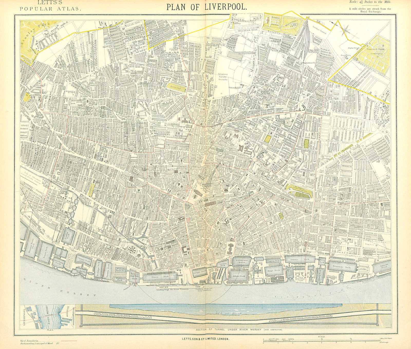 LIVERPOOL town city map. Mersey Tunnel section. Ward boundaries.LETTS 1883